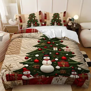Bedding 3-piece set - 3PCS,Merry Christmas red and green Christmas tree and snowman design down comforter set (1 duvet cover + 2 pillowcases, filling not included).soft and comfortable, suitable for family bedrooms.