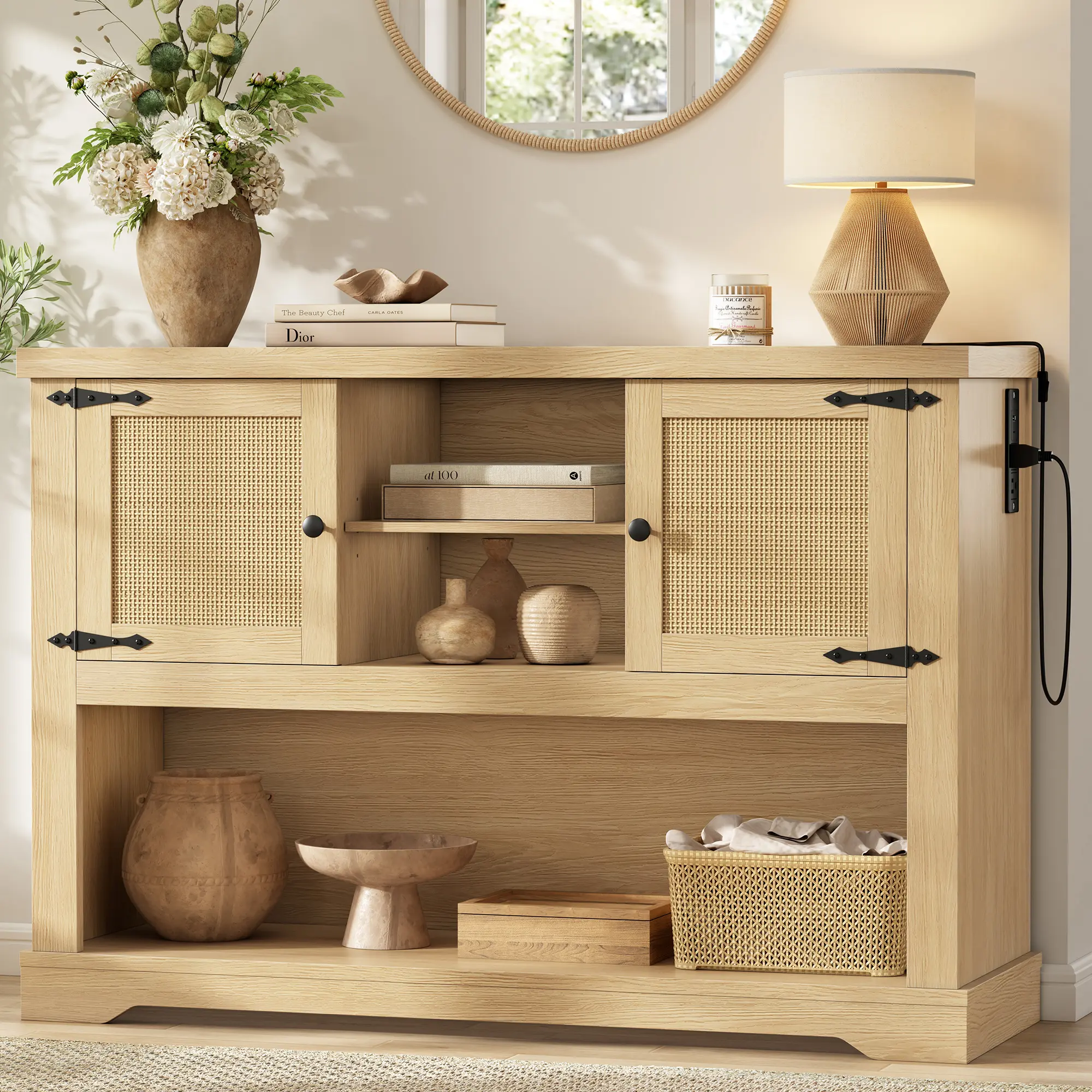 LIKIMIO Farmhouse Entryway Table with Power Outlets, 47.2" Rattan Console Table with Adjustable Storage Shelves & Rattan Doors Cabinet, Sofa Table for Entry, Living Room, Hallway, Natural
