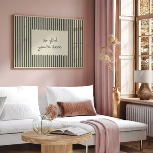 So Glad You're Here Print, Minimalist Quote Wall Art Poster, Vintage Stripe Typography Decor, Neutral Entryway Welcome Sign Art