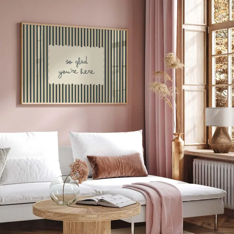 So Glad You're Here Print, Minimalist Quote Wall Art Poster, Vintage Stripe Typography Decor, Neutral Entryway Welcome Sign Art
