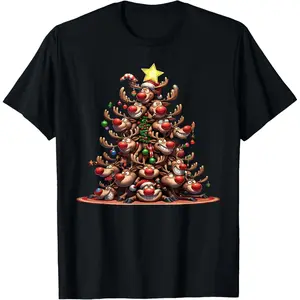 Pile Of Reindeers Forming A Christmas Tree XMAS Rudolph T-Shirt, 100% Cotton, Single Side Printed, Black Short Sleeve T-shirt, 1 pc, Christmas Halloween Thanksgiving Gift