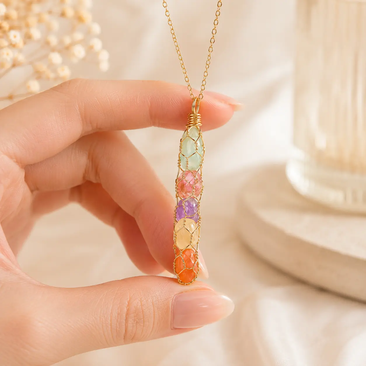Gold Tone Wire Wrapped Colorful Crystal Pendant Necklace for Women, Boho Layering Necklace, Elegant Everyday Jewelry Gift chain