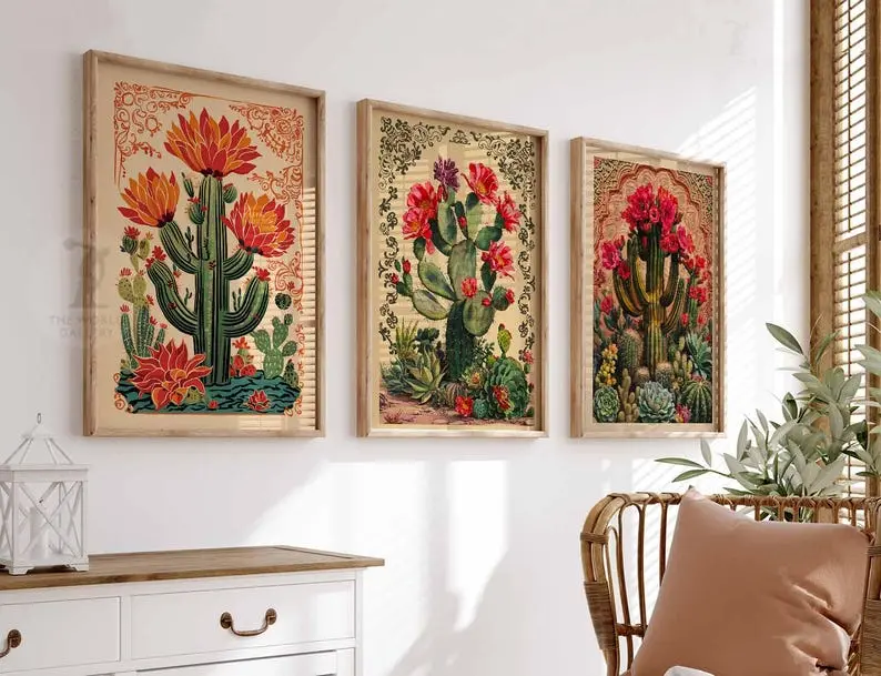 Set of 3 Mexican Posters, Mexican Cactus Wall Art, Botanical Prints, Cactus Art, Floral Wall Art, Traditional Mexican Art, Mexican Gift