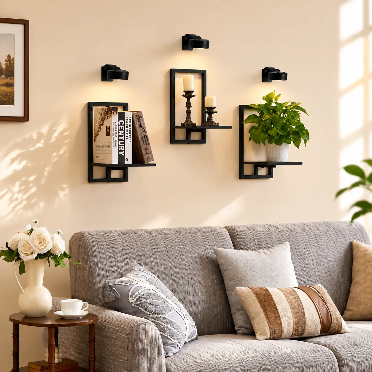 Black Wood 3-Piece LED Floating Corner Custom Shelves, Chic Indoor Wall Shelf Set for Room Decor, Minimalist Living Room Storage Organizer, Contemporary Accent Display, Decoration, Floating Shelf