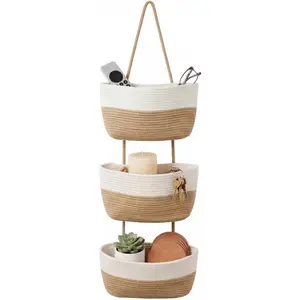 Hanging Wall Basket, Over the Door Hanging Basket with Hooks, 3-Tier Cotton Hanging Basket for Organizing, Decorative Boho Chic Decor for Wall, Bedroom, Living Room, Nursery, Whte & Jute