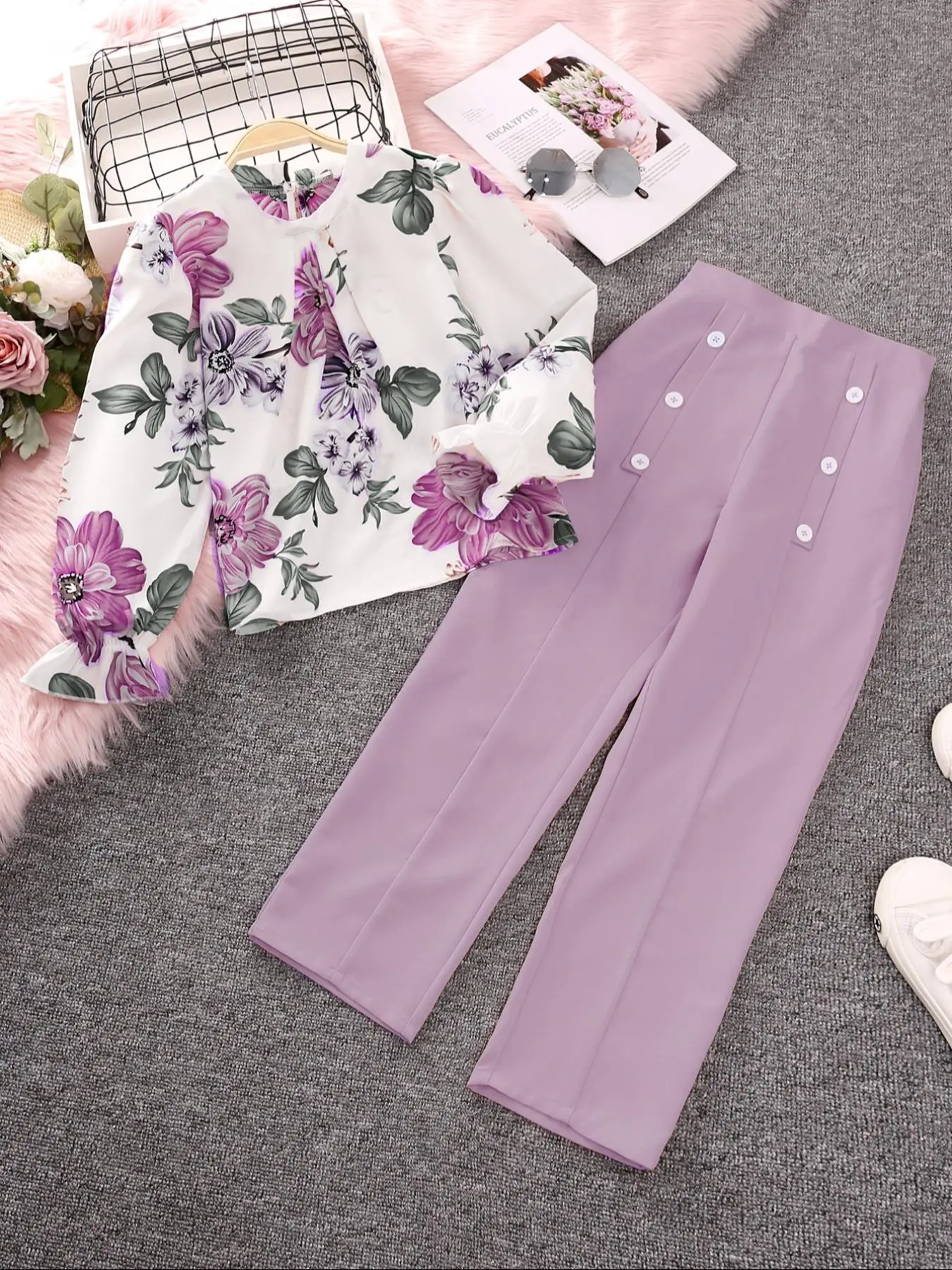 Two-Piece Set Girl's Floral Print Flounce Sleeve Plicated Blouse & Button Decor Pants Set, Casual Round Neck Long Sleeve Top & Elastic Waist Trousers