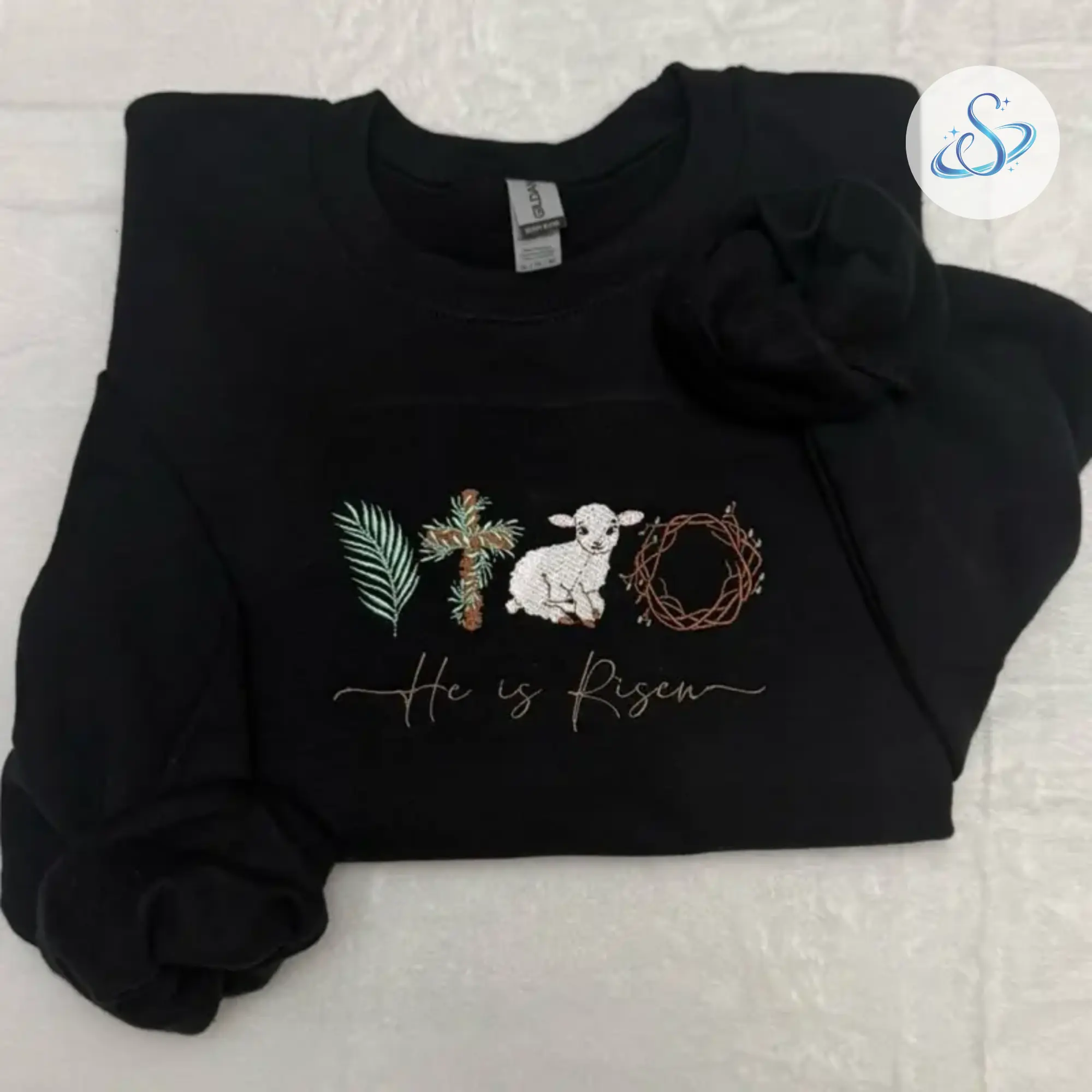 He Is Risen Embroidered Easter Sweatshirt, Christian Faith Crewneck with Lamb Cross Palm Crown Design, Religious Resurrection Sunday Pullover Gift for Women and Believers
