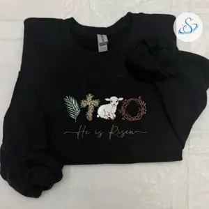 He Is Risen Embroidered Easter Sweatshirt, Christian Faith Crewneck with Lamb Cross Palm Crown Design, Religious Resurrection Sunday Pullover Gift for Women and Believers