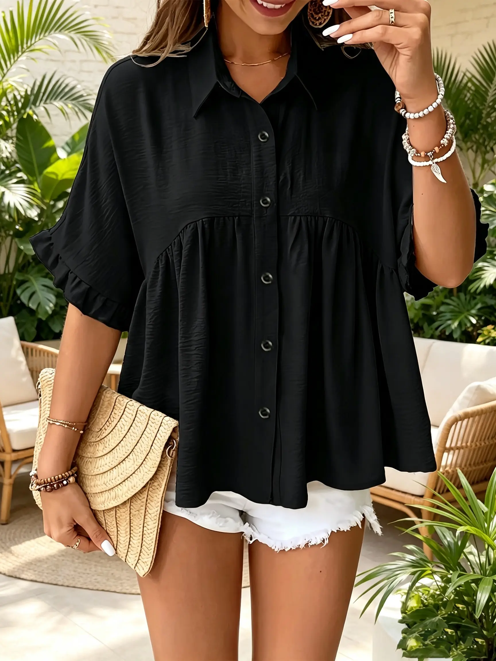Women's Sports Outerwear, New Euro-American Style Loose-Fitting Slimming Polo Collar Flared Sleeve Solid-Color Button Vacation Top