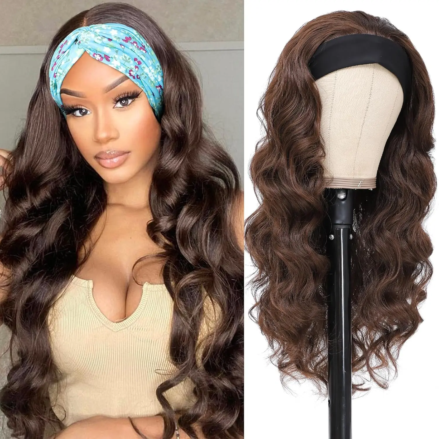 Women's 26 In Afro Curly Headband Wig - Body Wave Glueless Non-Lace Front Synthetic Full Machine Wig with Natural Look, Comfortable Fit for Everyday Wear, Afro Curly Style, Body Wave Synthetic Full Machine Wigs