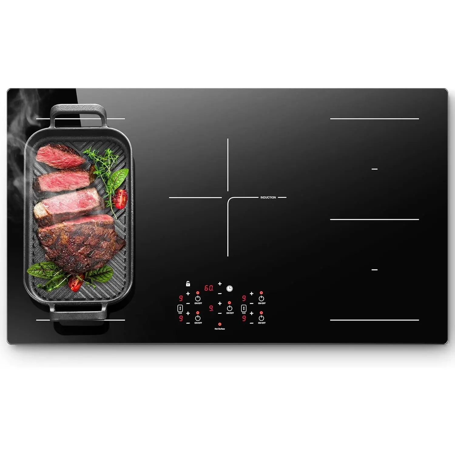 36-Inch Built-In Induction Stovetop (IHA108365) - 5-Burner 10800W Electronic Induction Cooktop, Energy-Saving 240V/50A Stove with 5-In-1 Touchscreen, Double Bridge Booster, Timer, Child Lock, Temperature Control, Scheduled Shutdown, No Plug