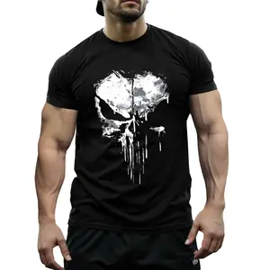 Mens Skull Graphic Tee Black Short Sleeve Crewneck Breathable Lightweight Polyester Casual Summer Shirt for Hot Weather Outdoor Grunge Rock Style