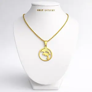 Orly Luxury Gold Plated Dolphin Pendant Necklace 2mm Rope Chain 16"-22" Unisex Stainless Steel Jewelry