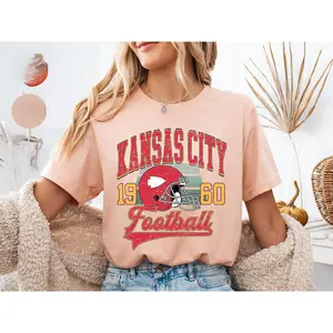 Vintage Chiefs Football T-Shirt Kansas City Party Shirt, Short Sleeve Crew Neck T-Shirt, Fitted, Pull On, Casual, Unisex Cotton T-Shirt FK6