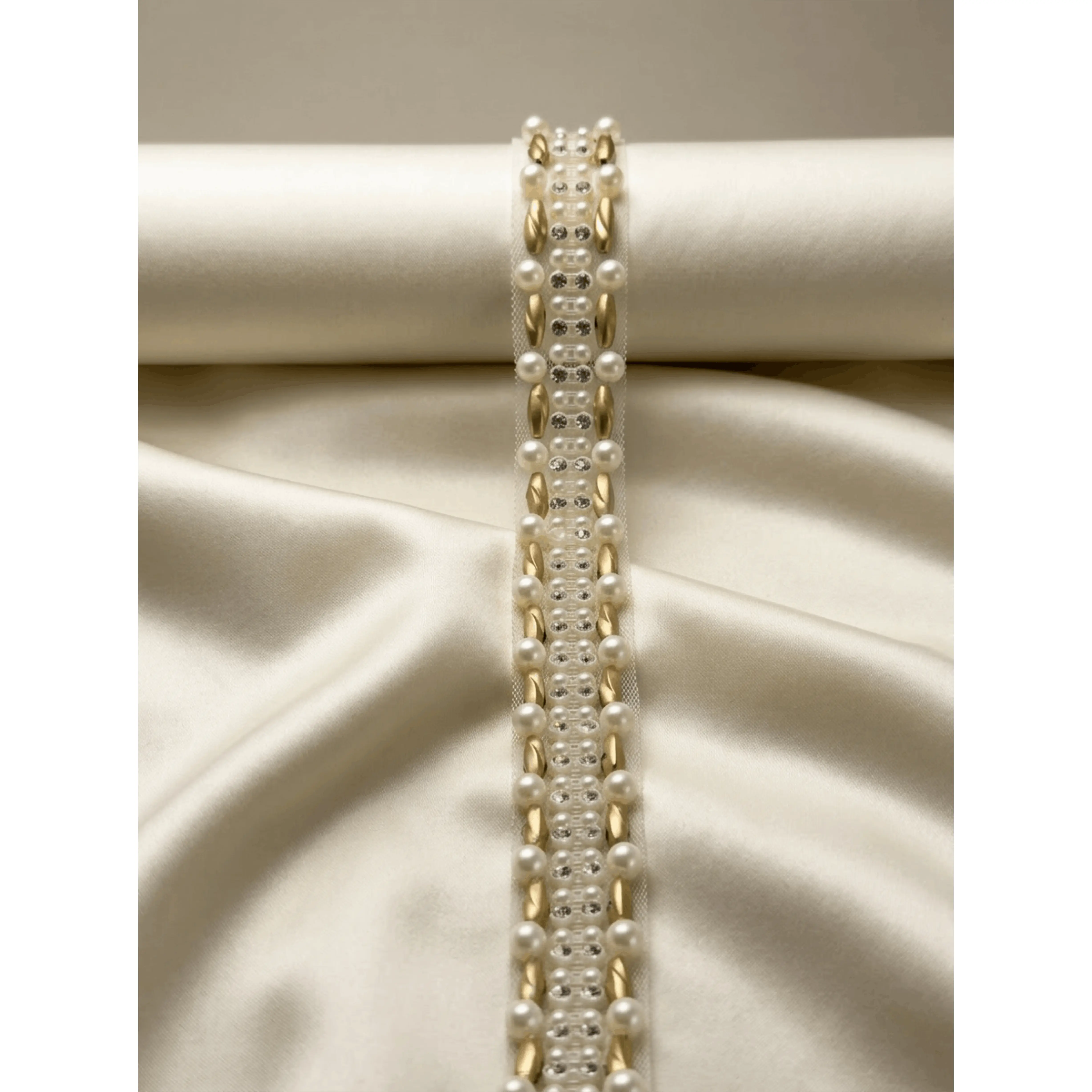 Matte Gold beads Pearl Rhinestone Trim – Decorative Embellishment, Sewing or Self Adhesive Trim, 1” Seam Allowance Option - Made In USA