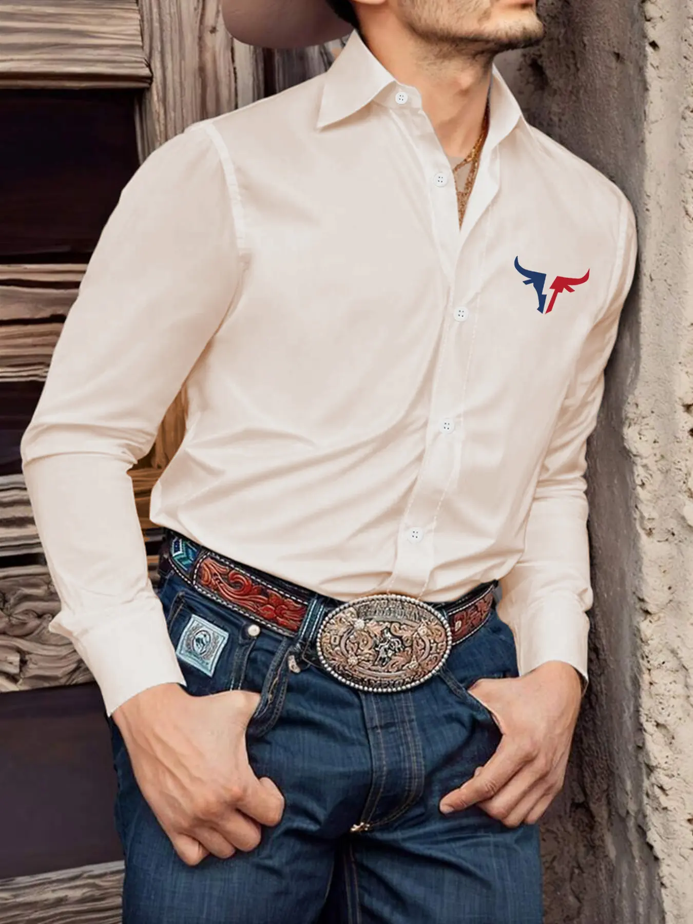 American Western Style Slim Fit Long Sleeve Shirt, Denim Print, Classic Design, Perfect for Casual Wear & Daily Commute, Casual Graphic Shirt, Fashion Fitted Casual