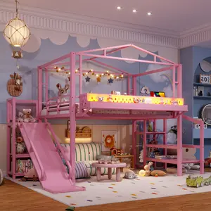 Full Size Metal House Loft Bed with Slide and Stairs,Heavy Duty Playhouse Loft Bed Frame with Shelves,LED Lights and Charging Station for Kids,Teens,Adults,Pink