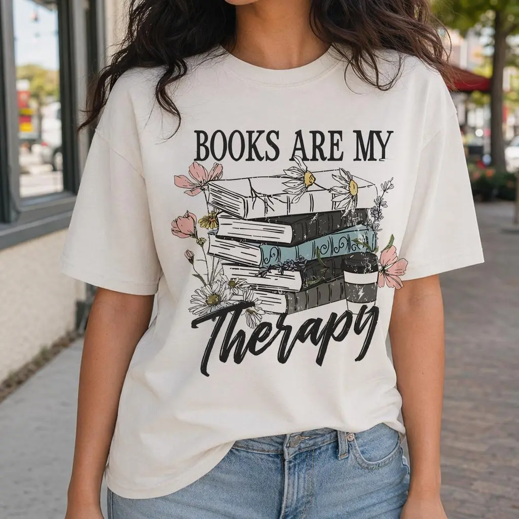 Oversized Knitted Geometric "Books Are My Therapy" Graphic Sports Top, Halloween-Party Garment for Book Lovers, Bookworm Gift, Shortsleeve