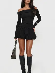 Elegant Chic One-Shoulder Solid Dress, Ruched Top Design, Perfect for Parties and Special Occasions, Valentine's Day, Bubble Skirt Style