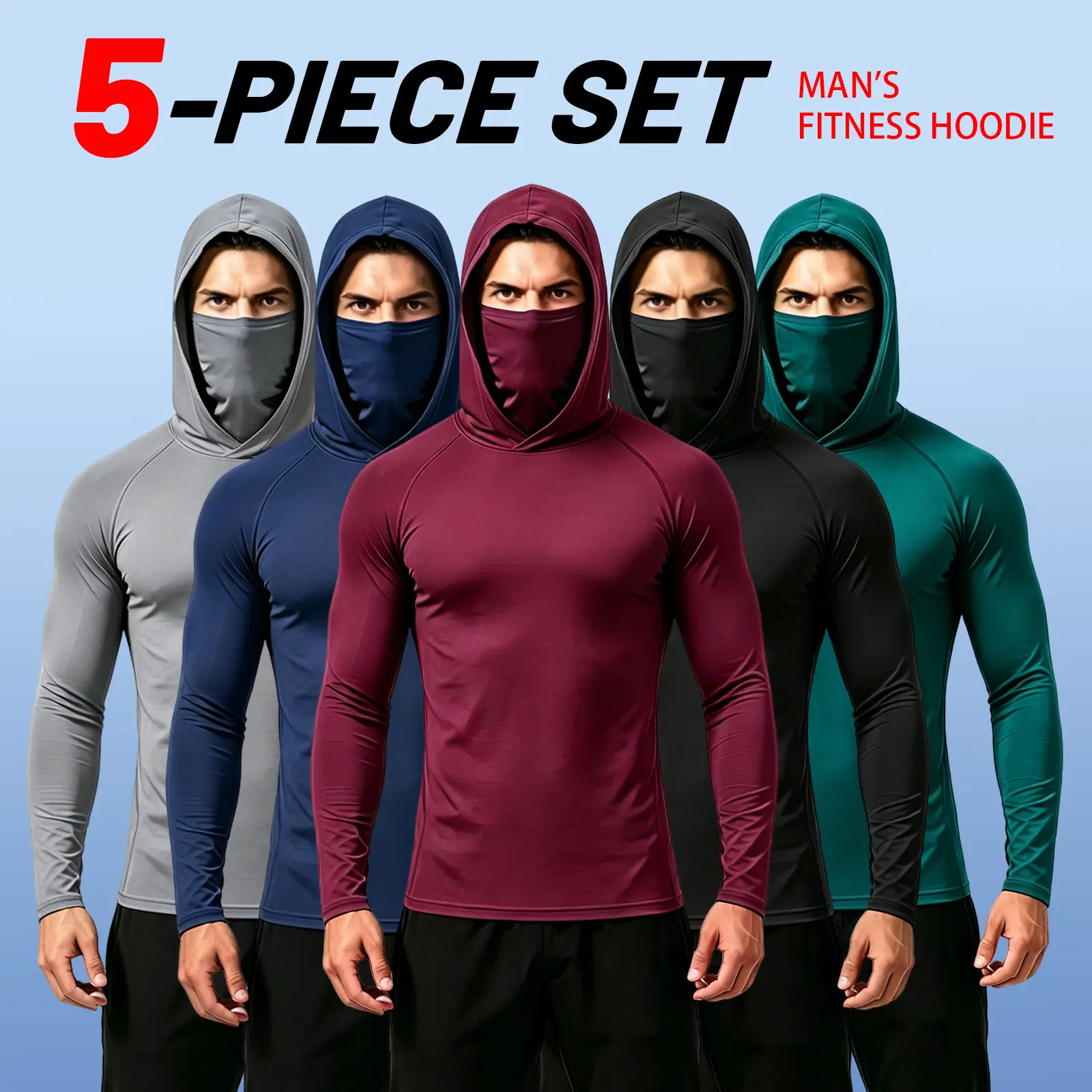 5-Piece Men's Casual Hoodie Pullovers with Built-in Face Mask, Compression Slim Fit Long Sleeve for Fishing Cycling Gym Workout, Blue Black Gray, Lightweight UPF Sun Protection, Soft Breathable, Versatile Machine Washable Multi-Occasion Stylish Menswear