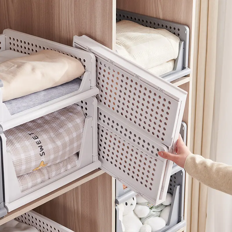 Foldable household storage box; drawer-style organizer for clothes and garments; wardrobe storage bin.