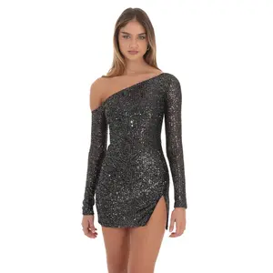 Silver Sequin One Off Shoulder Bodycon Dress in Black