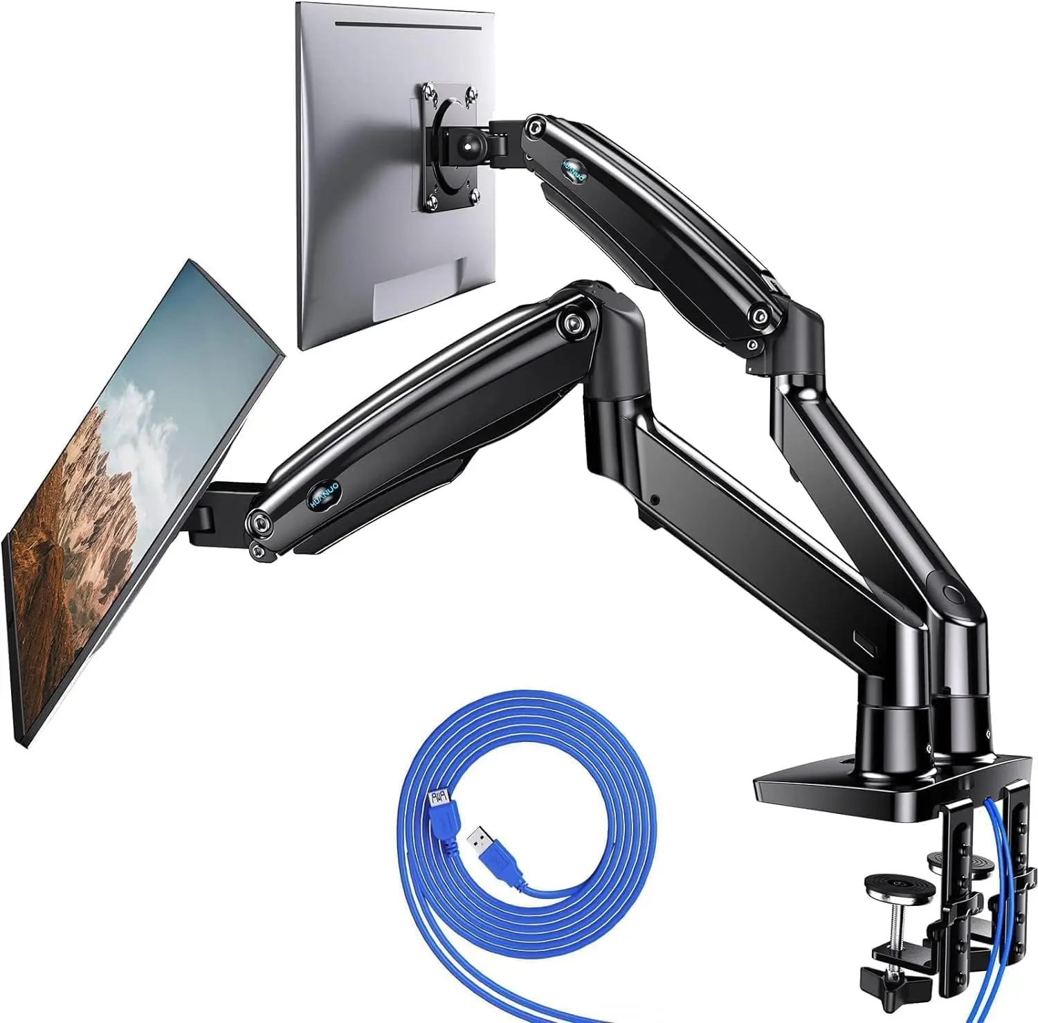 Professional Dual Monitor Stand for 13″–40″ screens, premium monitor mount with USB, height-adjustable for two monitors, VESA compatible with clamp and grommet base, supports up to 26.4lbs per arm.