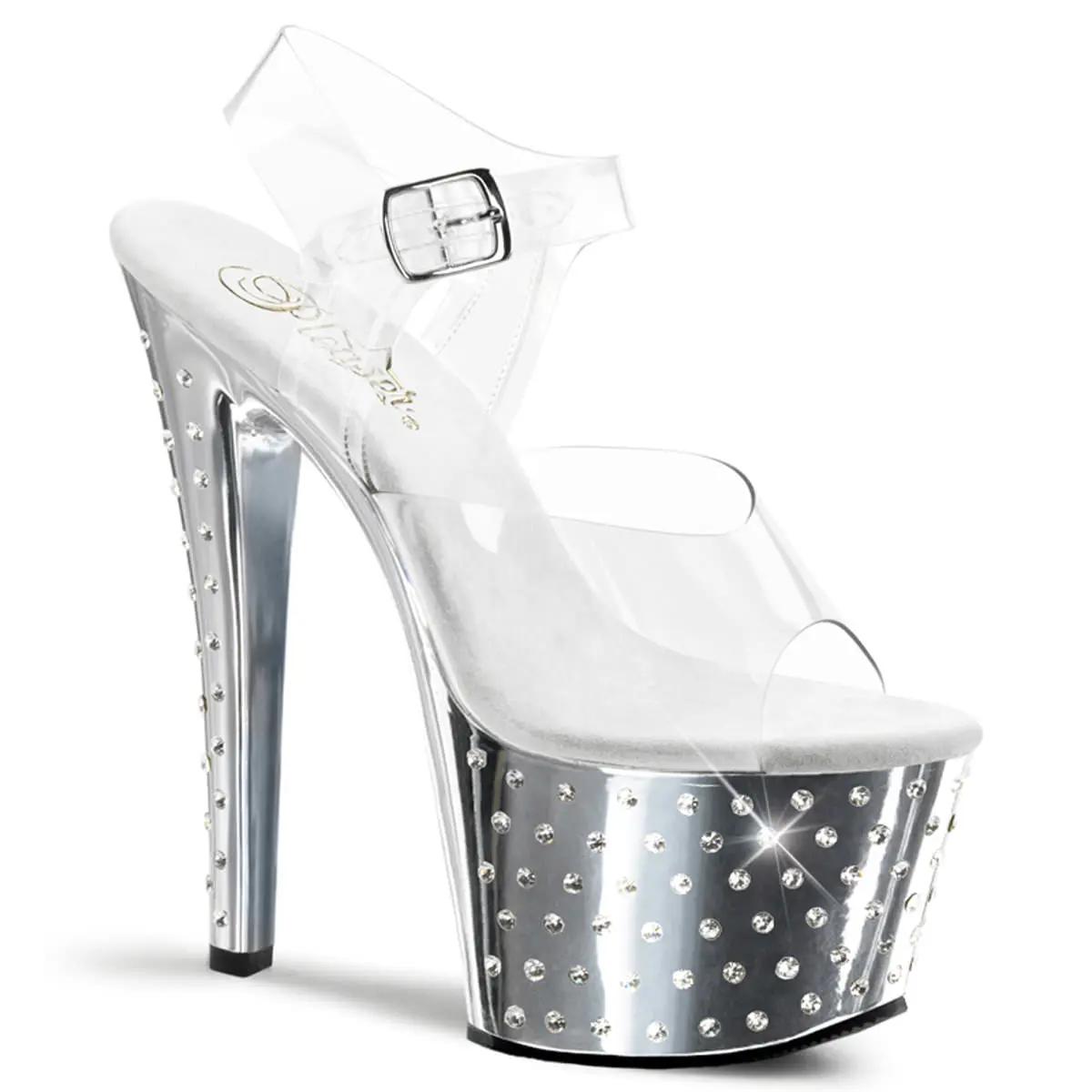 Women's Classy High Heel Sandals - STARDUST-708, 7in Clear-Silver Chrome Platform Comfortable Heels with Decor Accents, Fashion Apparel Statement Shoes