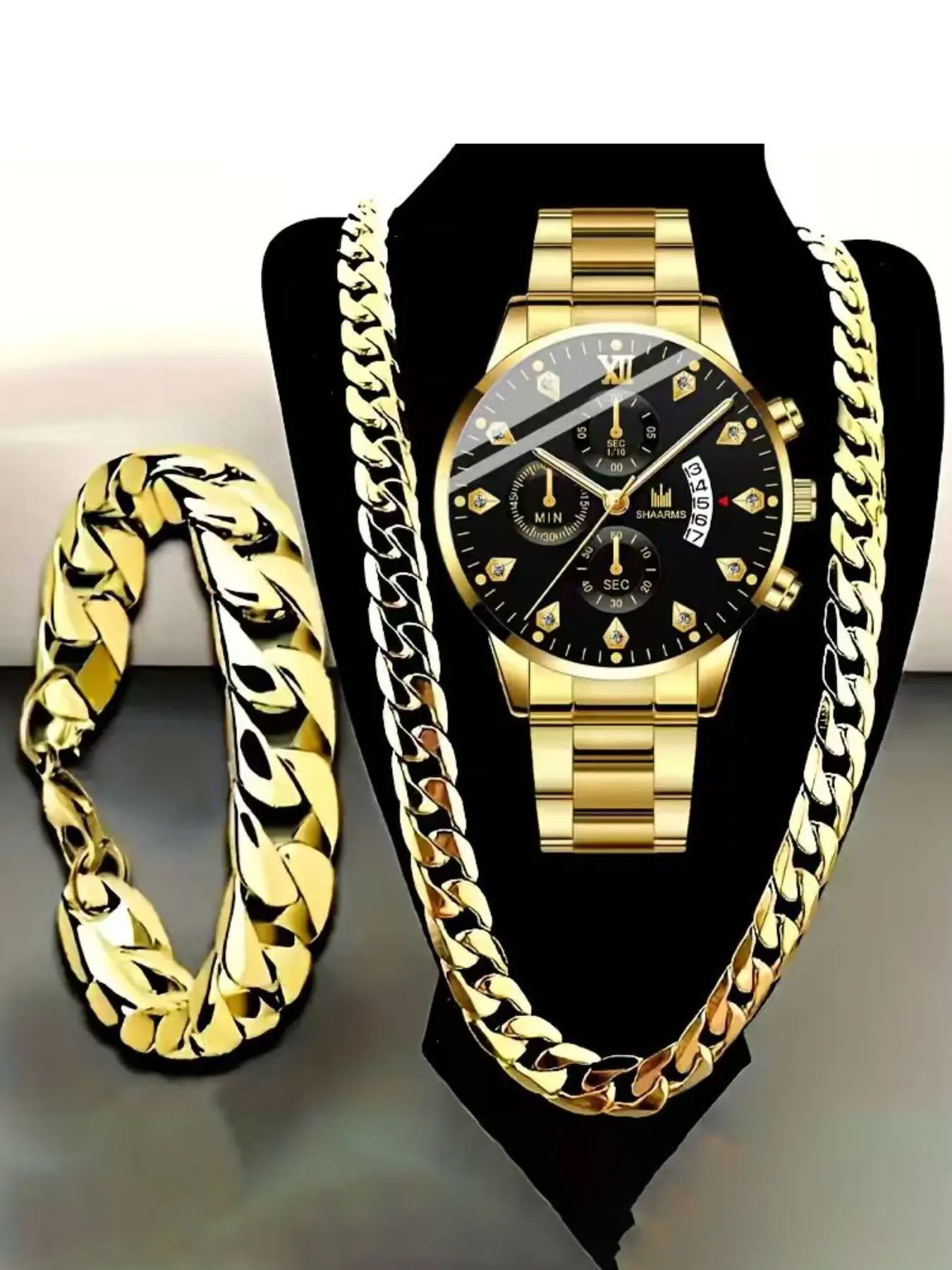 Men's Quartz Trendy Watch Set with Necklace & Bracelet, Matching Jewelry Set, Fashionable Jewelry Set, High-Quality Business Fashion, Perfect Gift for Him, All Seasons, Round Analog Face