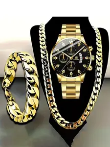 Men's Quartz Watch Set with Necklace & Bracelet, High-Quality Business Fashion, Perfect Gift for Him, All Seasons, Round Analog Face