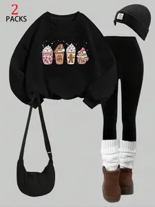 Christmas Gingerbread Man Milk Tea Sweatshirt Set, Loose Fleece Hoodie & Tight Leggings, Vintage Girl Style, Fall&winter Fashion