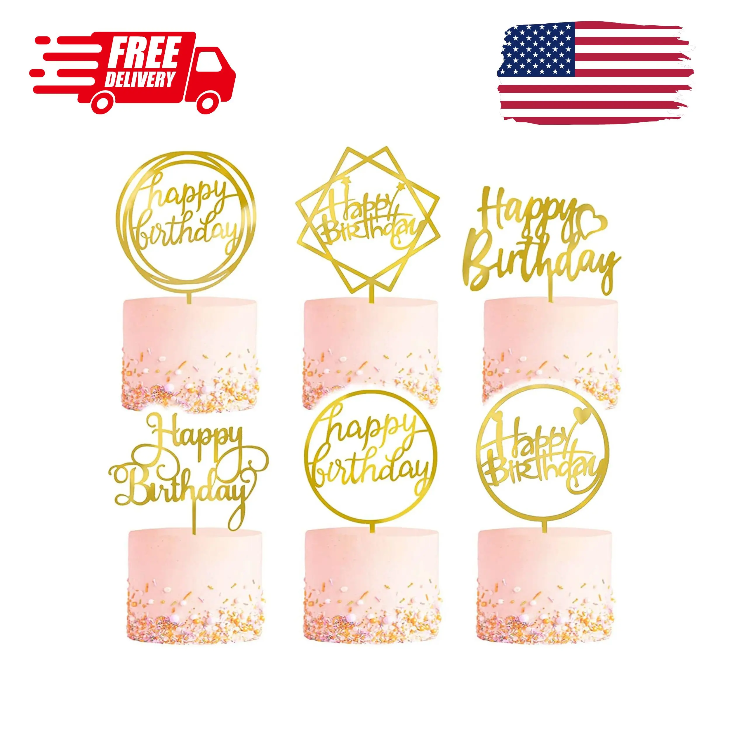 6-Pack Gold Cake Topper Set, Double-Sided Glitter