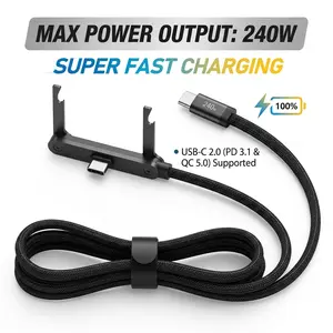 240W Super Fast Charging 2-in-1 Charger Cable with Invisible Phone Stand - Gaming & Office-Friendly, Elbow Design for iPhone, Samsung & USB-C Devices, Black