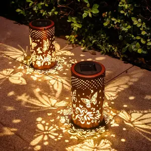 2 Pack Solar Lanterns Outdoor , Butterfly Gardening Birthday Gifts for Women Mom Grandma, Metal  Decorative Solar Lights Outside Garden Decor for Yard, Patio, Backyard