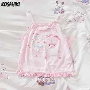 Japanese Kawaii Fairy Cute Bow Vest Y2k Aesthetic Lace Patchwork Sweet Ruffled Camisole Cartoon Printing Summer Grunge Tank Top