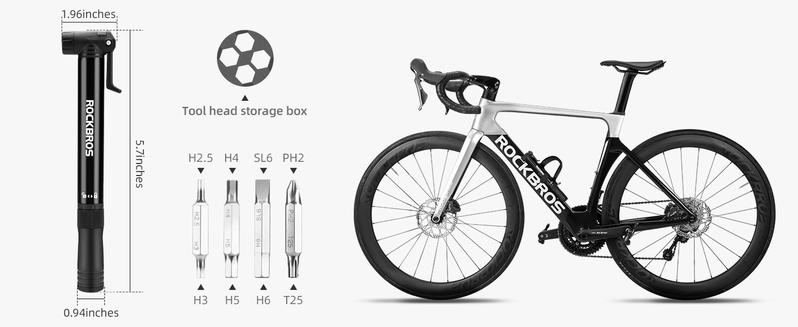 ROCKBROS Mini Bike Pump with Multitool, Portable Bicycle Tire Pump for Road & MTB Bike, 80PSI High-Pressure Performance