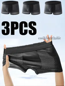 Men's Soft Breathable Mesh Underwear Undergarments, Elastic Pants with Contrast Color Letter Print Waistband, Pack of 3 Comfortable Breathable Boxer Briefs