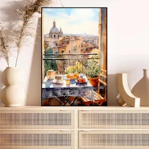 Italian Breakfast Balcony Canvas Print Rustic European Wall Art with Coffee Set & Flower Pots Mediterranean Kitchen Decor High-Quality Poster for Dining Room Accent Wall Breakfast Nook & Cafe Style Home Cozy Housewarming Gift