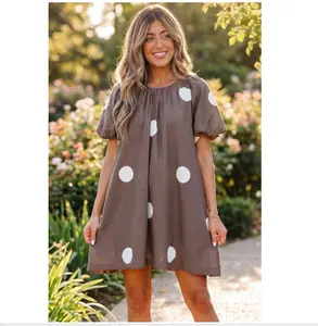 Brown Polka Dot Print Knot Back Short Puff Sleeve Loose Mini Dress  Oversized  Soft  valencia couture dress