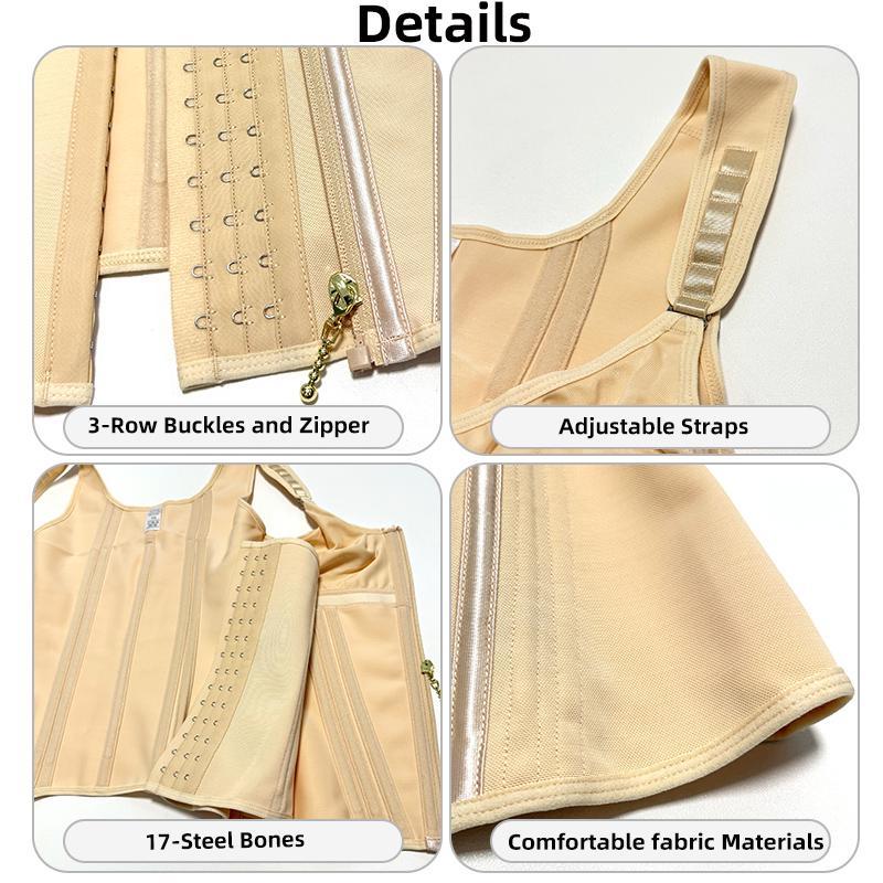 Shapewear Women Colombian Fajas Waist Trainer Tummy Control Vest Body Shaper 17 Steel Bones 3-Row Hooks Zipper Adjustable Strap