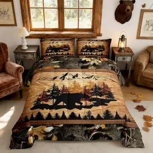 Lodge Cabin Bedding Set,Bear Pine Trees Mountain Silhouette Comforter Set for Kids Teens Adults,Natural Jungle Leaves Plants Comforter Duvet Set