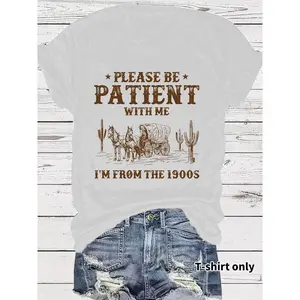 Women's Vintage Letter Print Round Neck Tee, Casual Short Sleeve T-shirt for Summer, T Shirts for Women, Women's Top for Daily Wear, Summer Tops