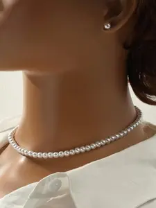 Women Minimalist Pearl Necklace and Earrings Jewelry Set - Jewellery