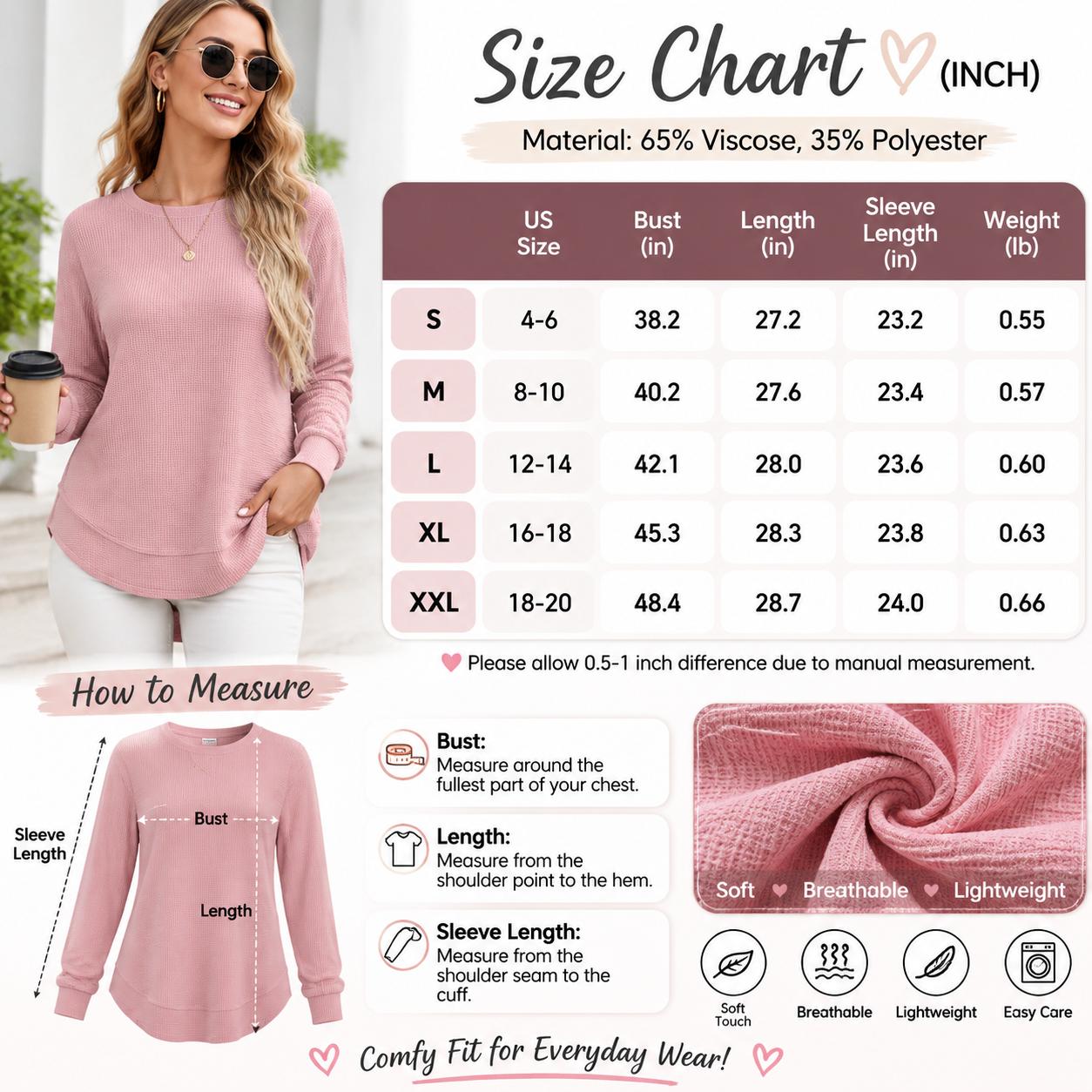Women's Casual Long Sleeve Waffle Knit Top, Soft Lightweight Pullover Shirt for Fall Daily Wear, Work, Coffee Dates & Weekend Outings
