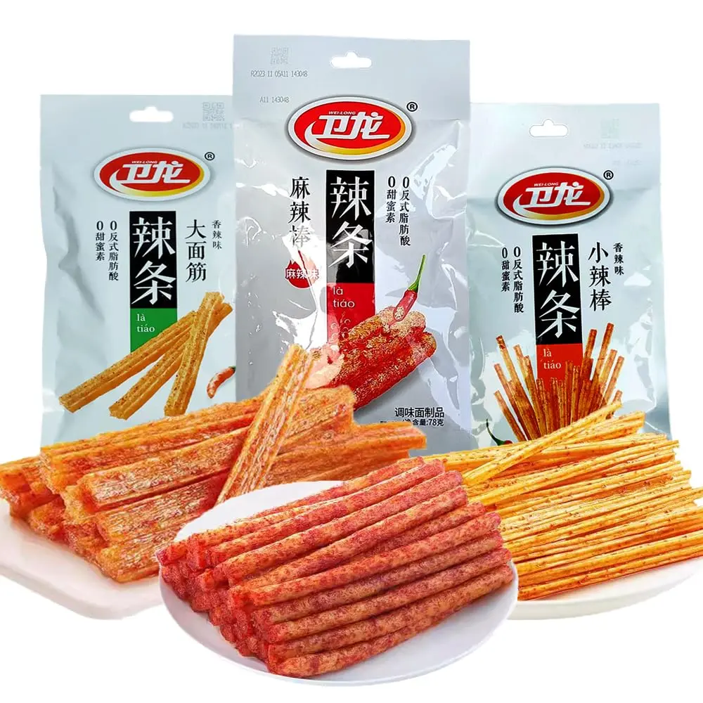 Latio Chinese Spicy Snack Strips, WeiLong Latiao, Low Sugar & Low Calorie Plant-Based Spicy Gluten Snack, Ready to Eat Vegan Snack