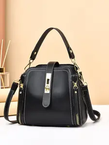 Women's Vintage PU Leather Handbag, Top Handle Satchel with Lock, Adjustable Crossbody Strap, Multi-Pocket Bucket Bag for Daily Use