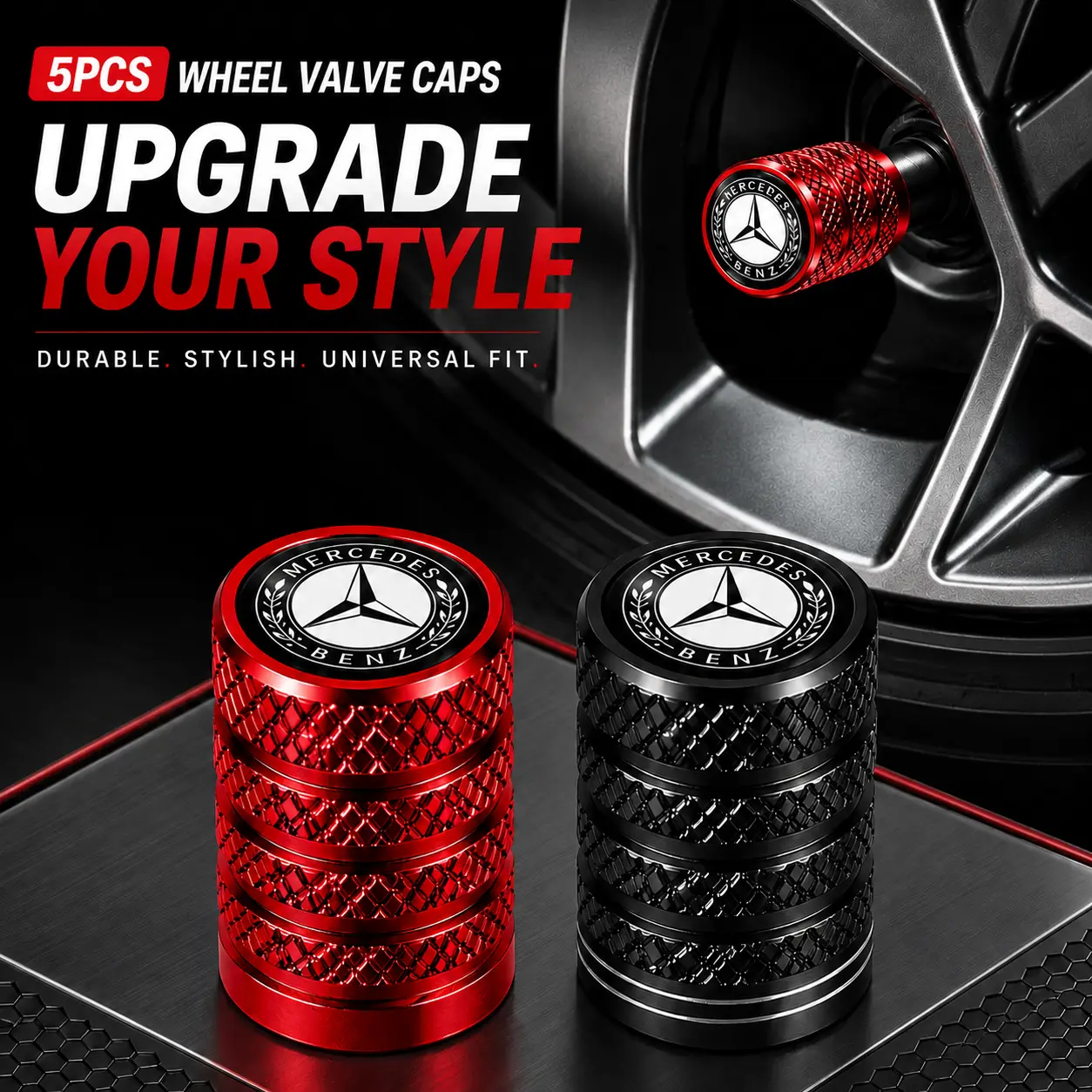 5Pcs Aluminum Alloy Tire Valve Stem Caps for Mercedes Benz C Class E Class GLC GLE A Class S Class GLA GLB CLA GLS, Leakproof Rubber Seal Wheel Air Valve Covers, Anti-Corrosion Luxury Car Tire Valve Protector Accessories