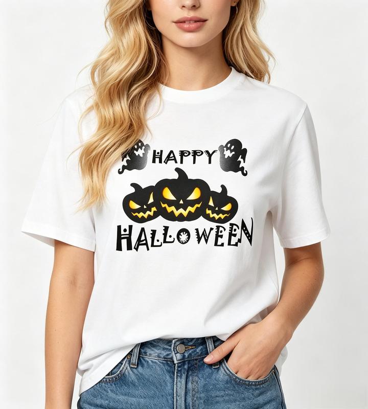 Women's Crew Neck Ghost Jack O' Lantern Halloween T-Shirt - White, Short Sleeve, Casual, Beach, Fit, Style Tops for Women #sohochic