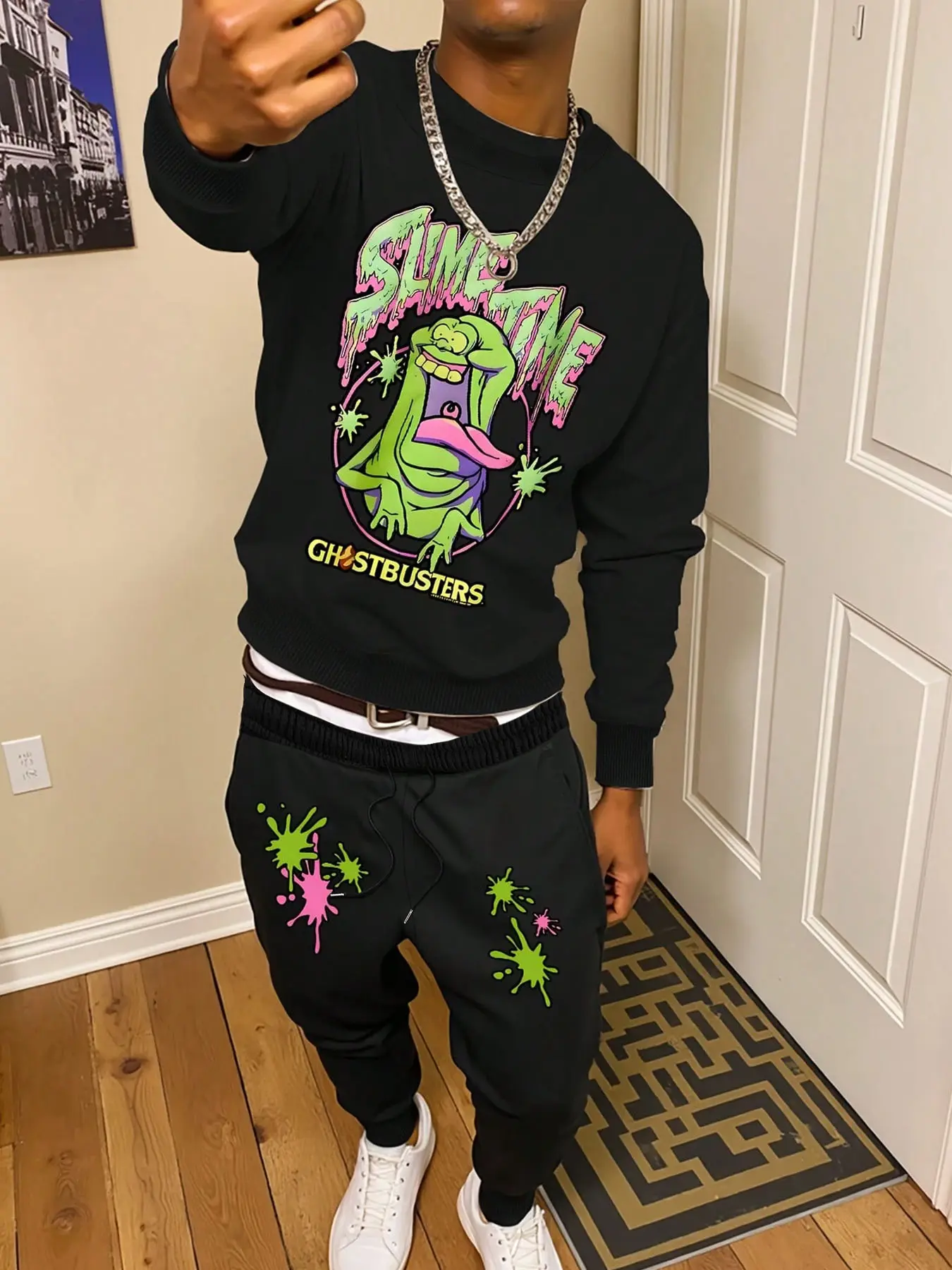 Men's Alien Print Sweatshirt and Pants Set, Casual Spring & Fall, Fashionable Comfortable Pairing, Suitable for Daily Wear and Outdoor Activities