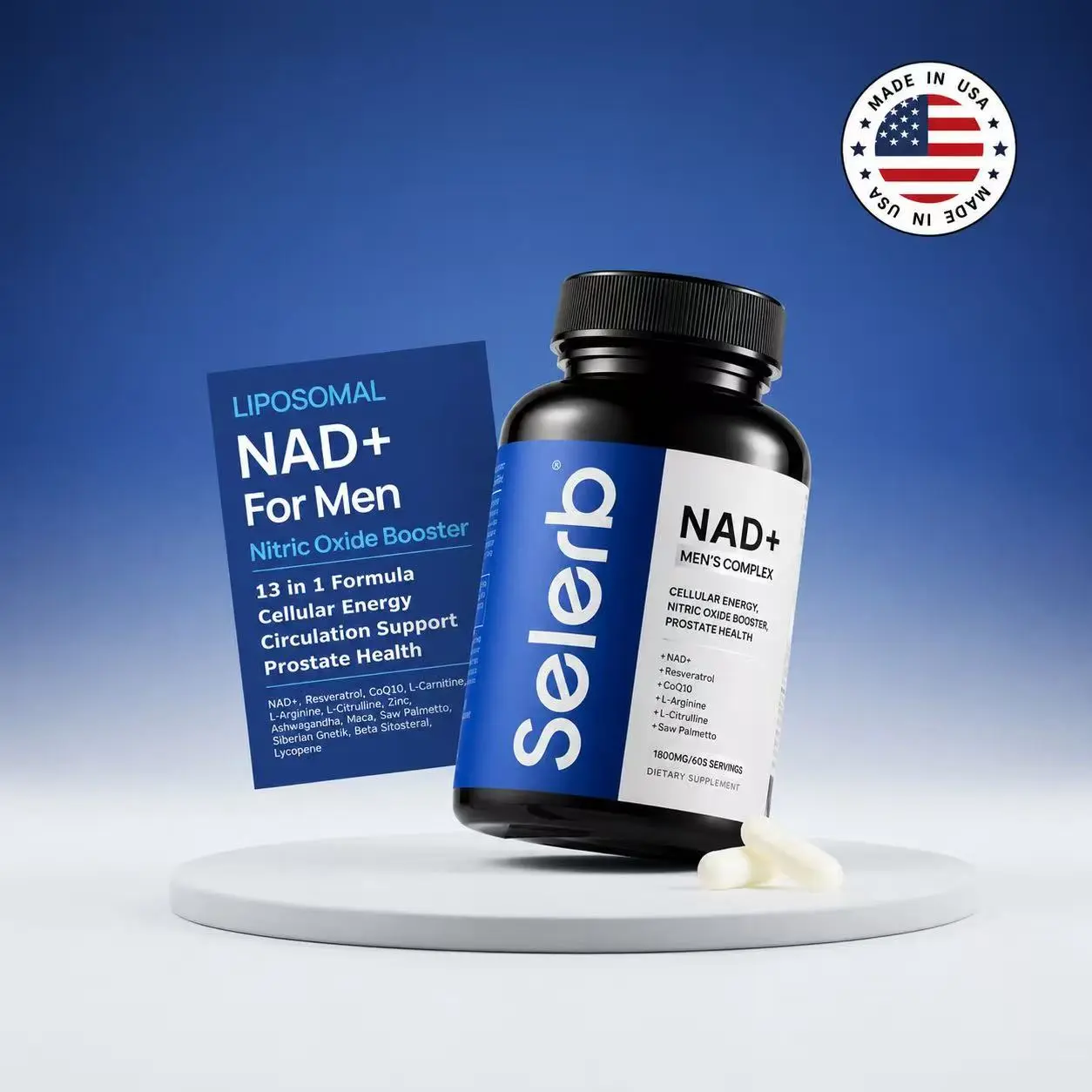 Selerb Liposomal NAD+ Supplement for Men with CoQ10, L-Carnitine, L-Arginine, Maca & Ashwagandha | Supports Cellular Energy, Blood Circulation & Prostate Health | 60 Capsules